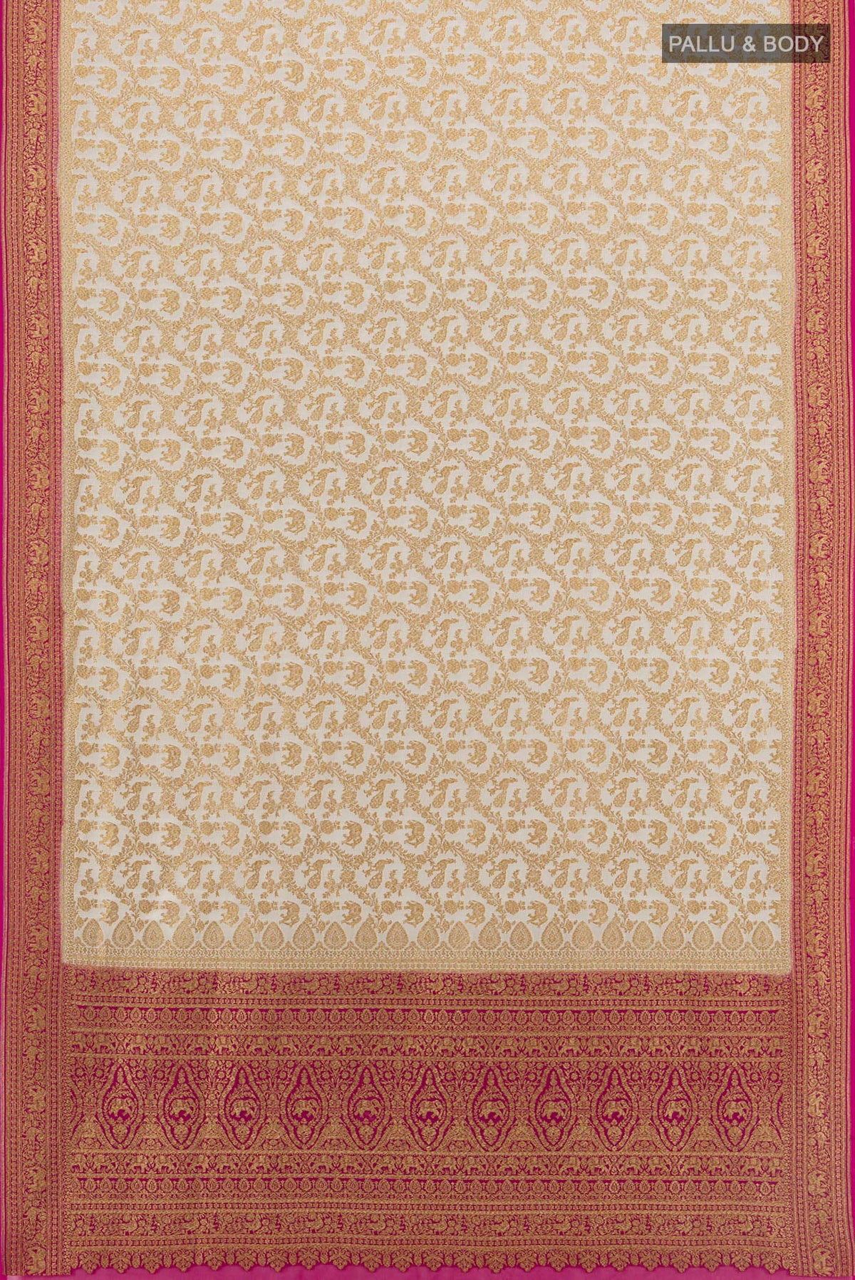 Flat view of Cream Banarasi Georgette Saree with Zari Butta on the body and Zari Border. 