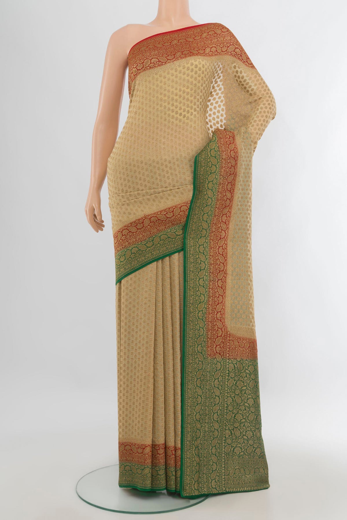 Beige Banarasi Georgette Saree with Zari Brocade on the body and Zari Border.  displayed on a mannequin