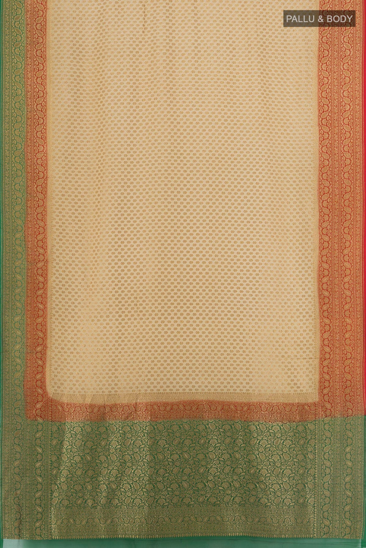 Flat view of Beige Banarasi Georgette Saree with Zari Brocade on the body and Zari Border. 