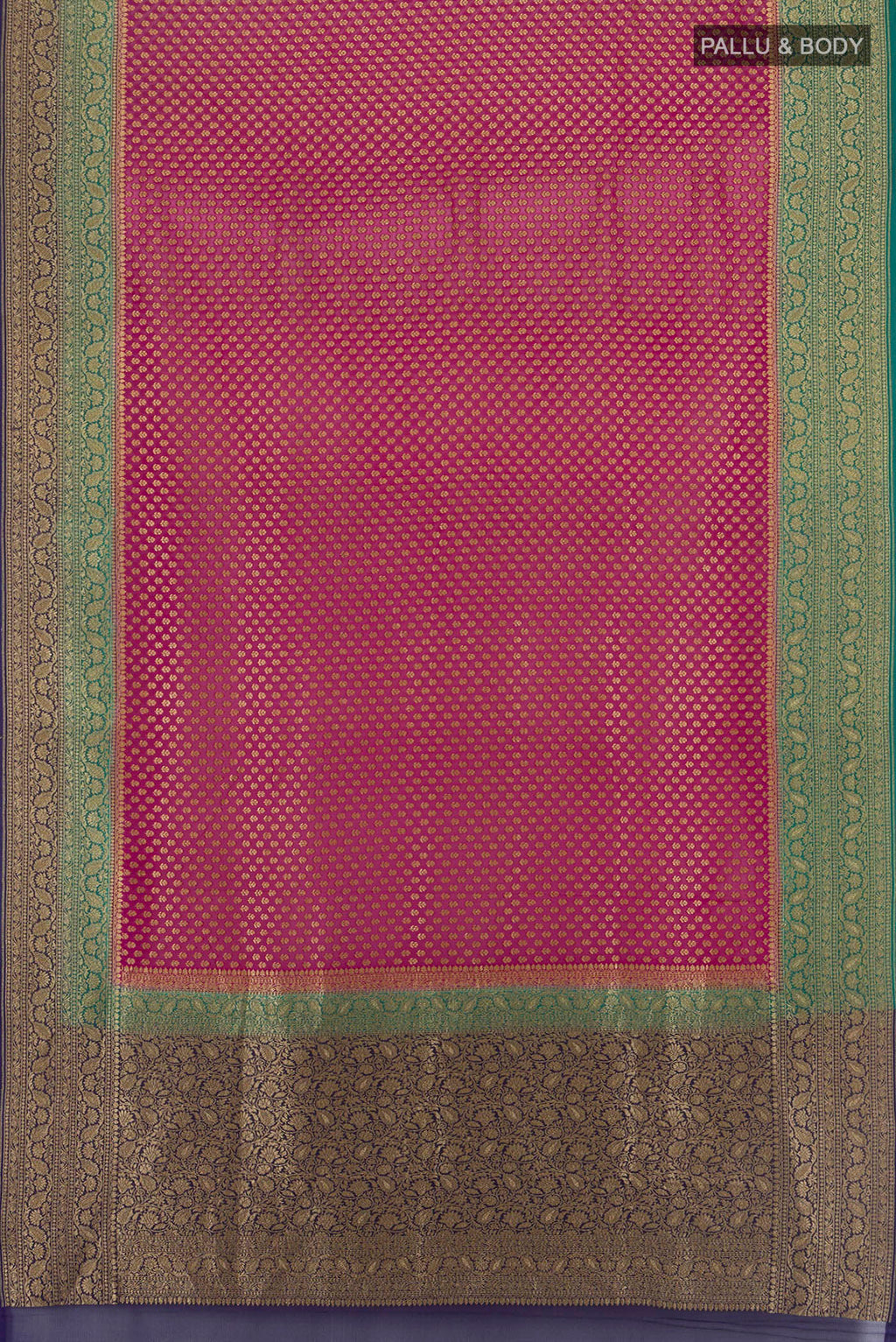 Flat view of Dark Pink Banarasi Georgette Saree with Zari Brocade on the body and Zari Border. 