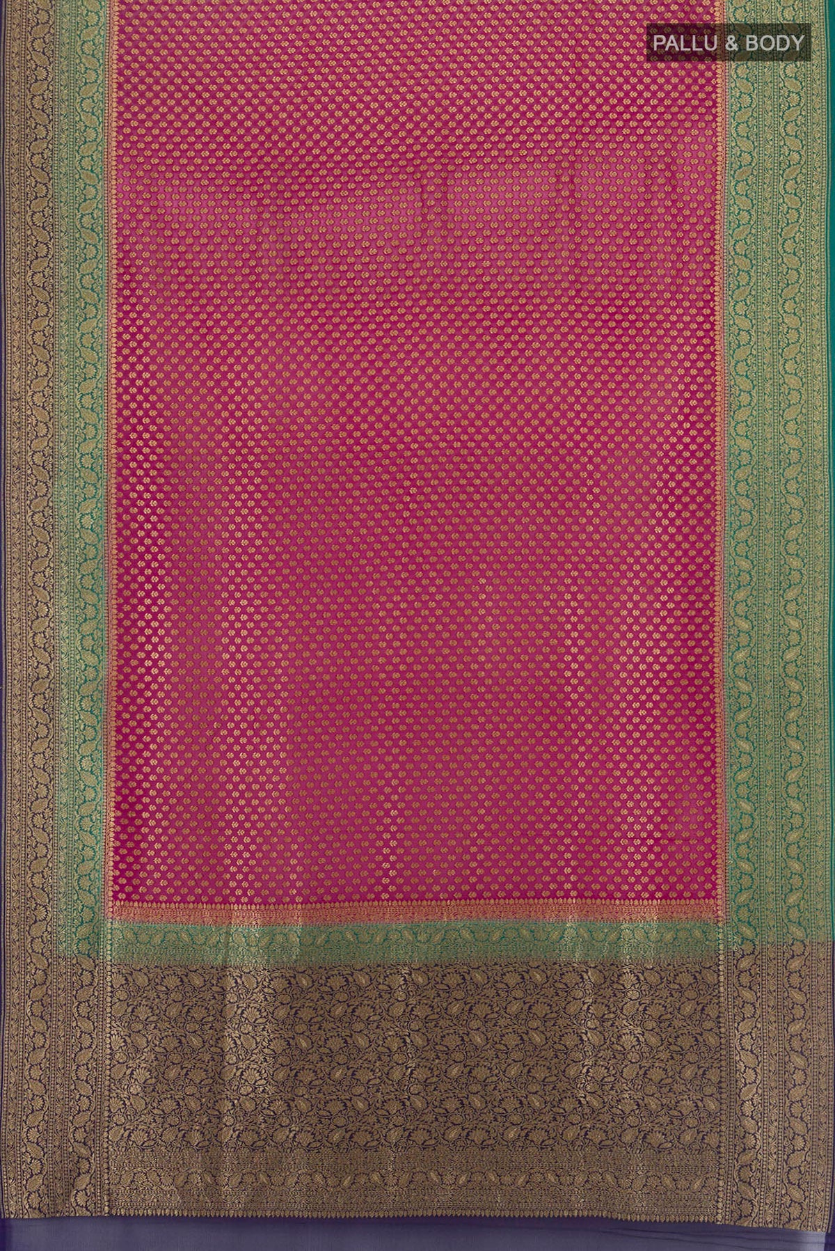 Flat view of Dark Pink Banarasi Georgette Saree with Zari Brocade on the body and Zari Border. 