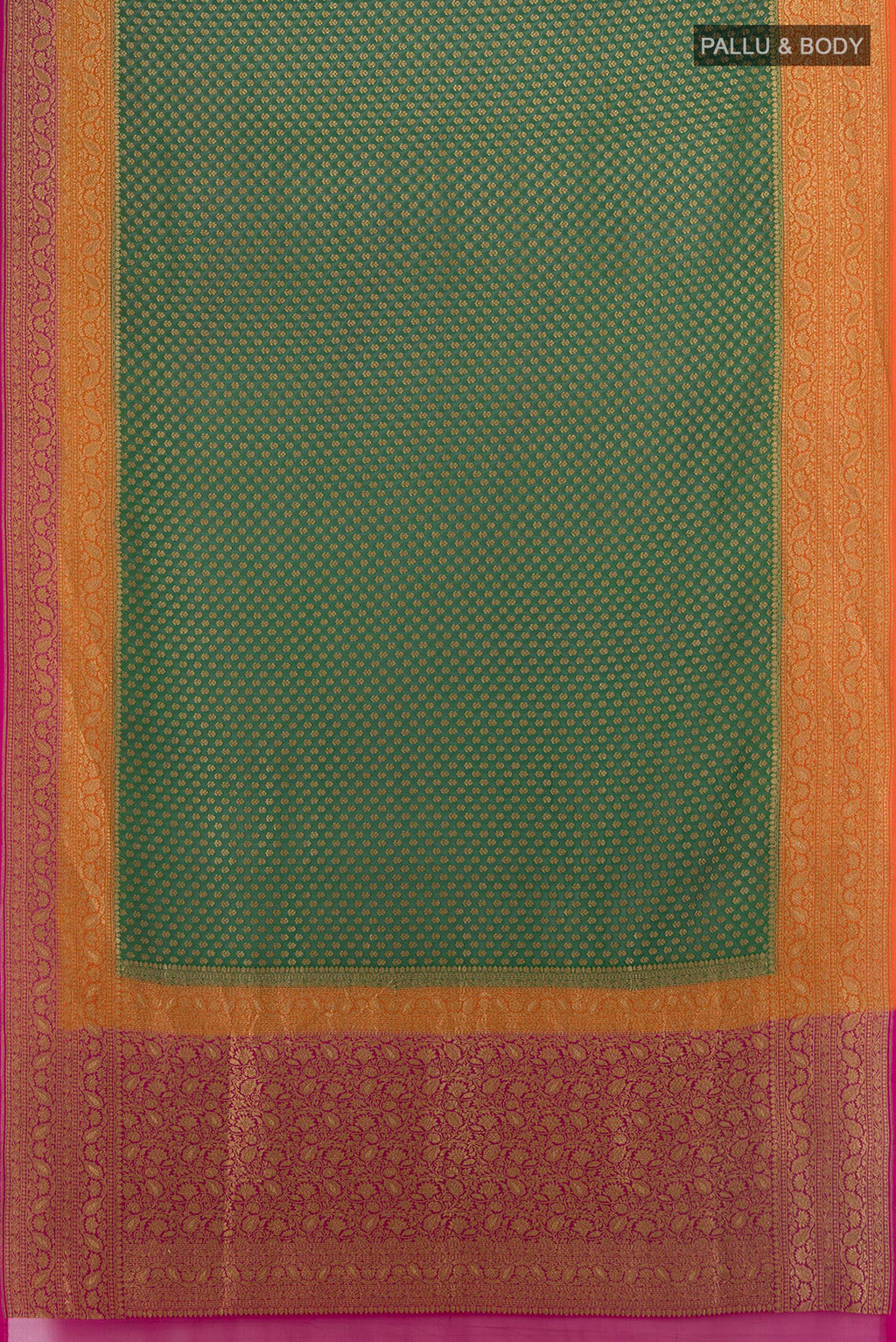Flat view of Multi Color Banarasi Georgette Saree with Zari Butta on the body and Silk Border. 