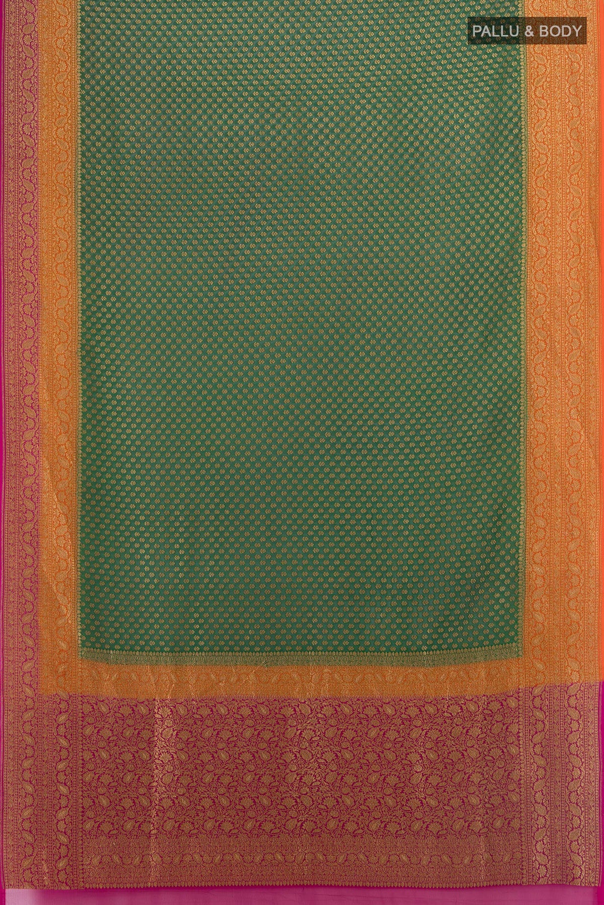 Flat view of Multi Color Banarasi Georgette Saree with Zari Butta on the body and Silk Border. 