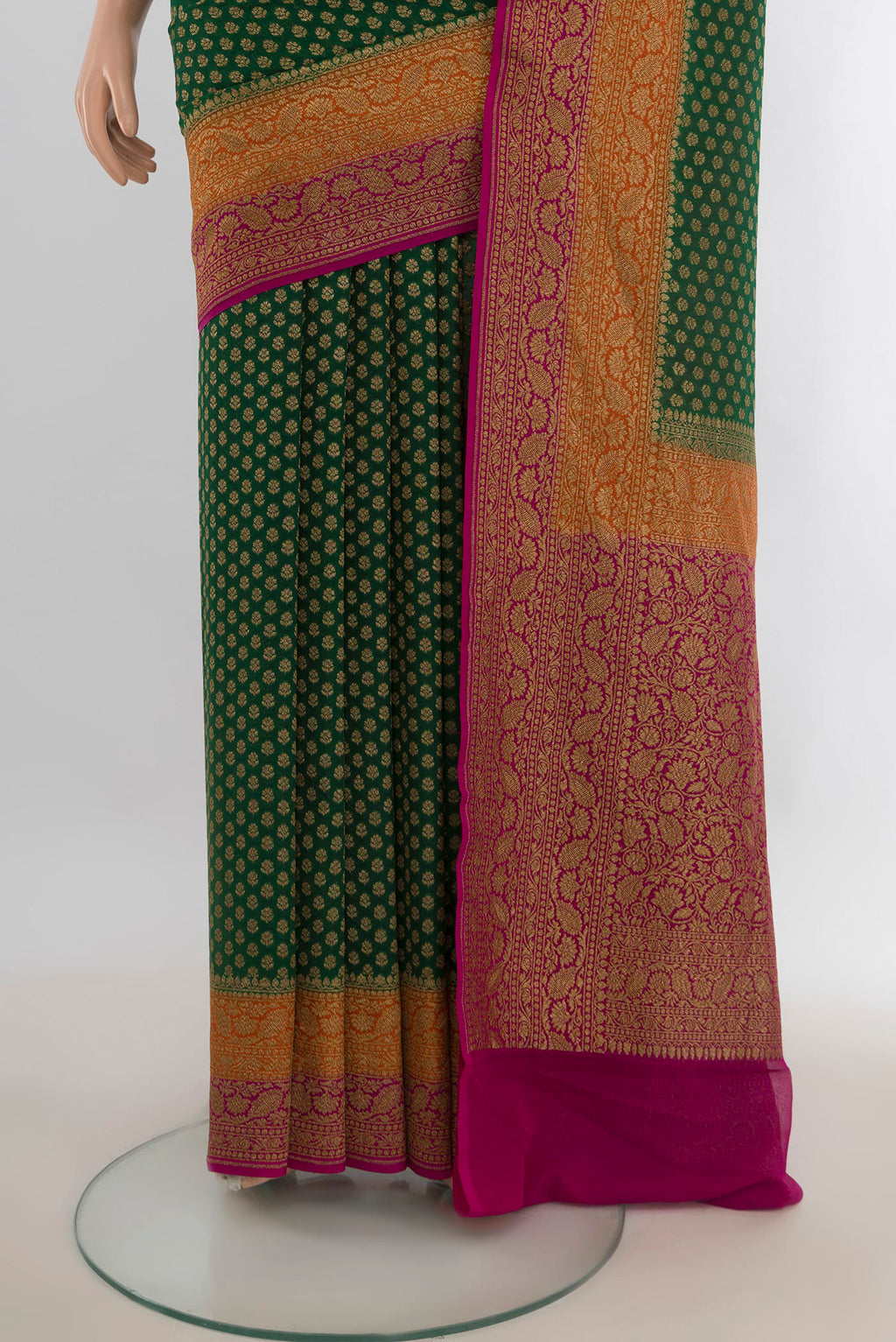 Pleats and pallu of Multi Color Banarasi Georgette Saree with Zari Butta on the body and Silk Border. 