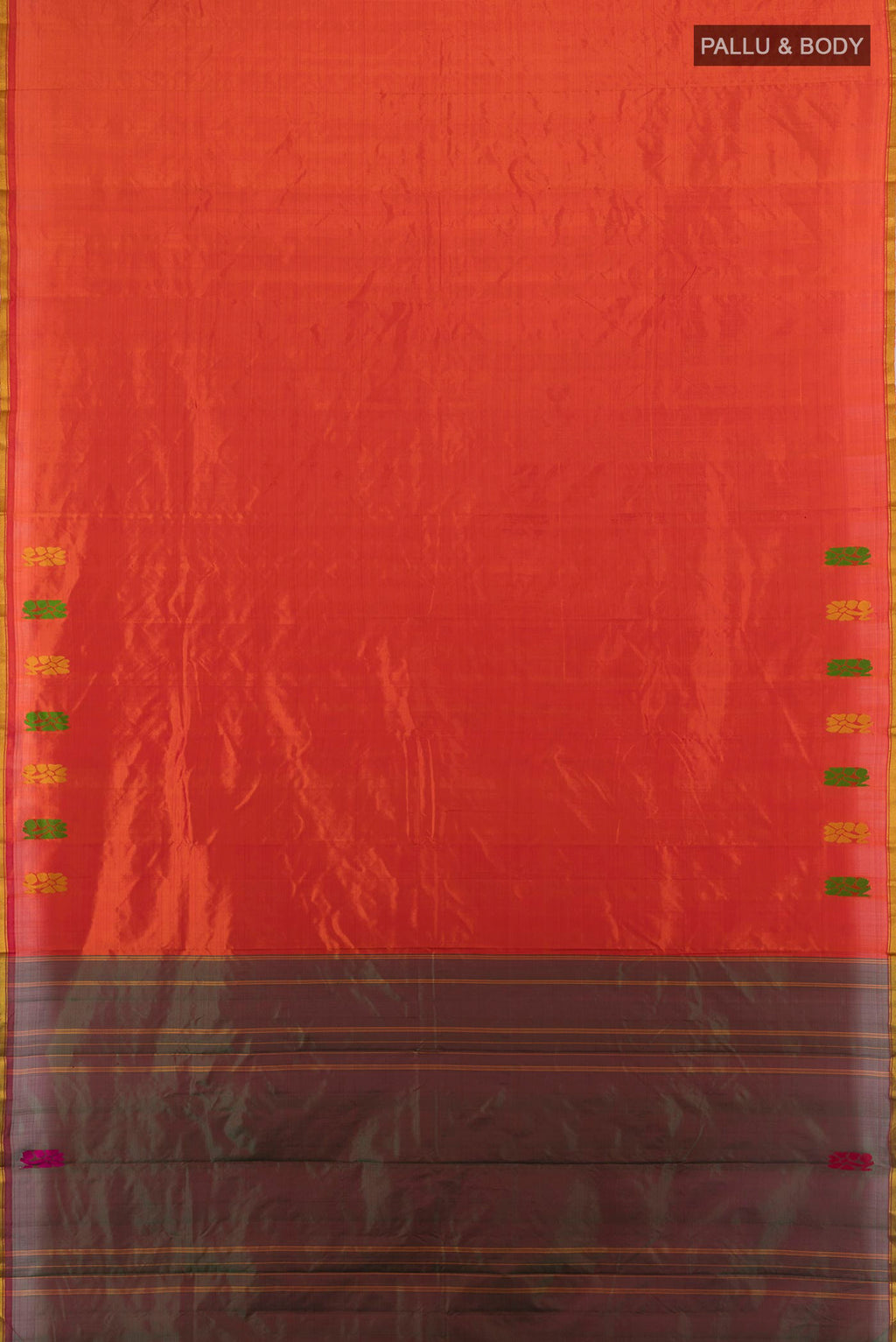 Flat view of Pure Silk Orange Kanchipuram Saree with Plain Body and Thread Border. 