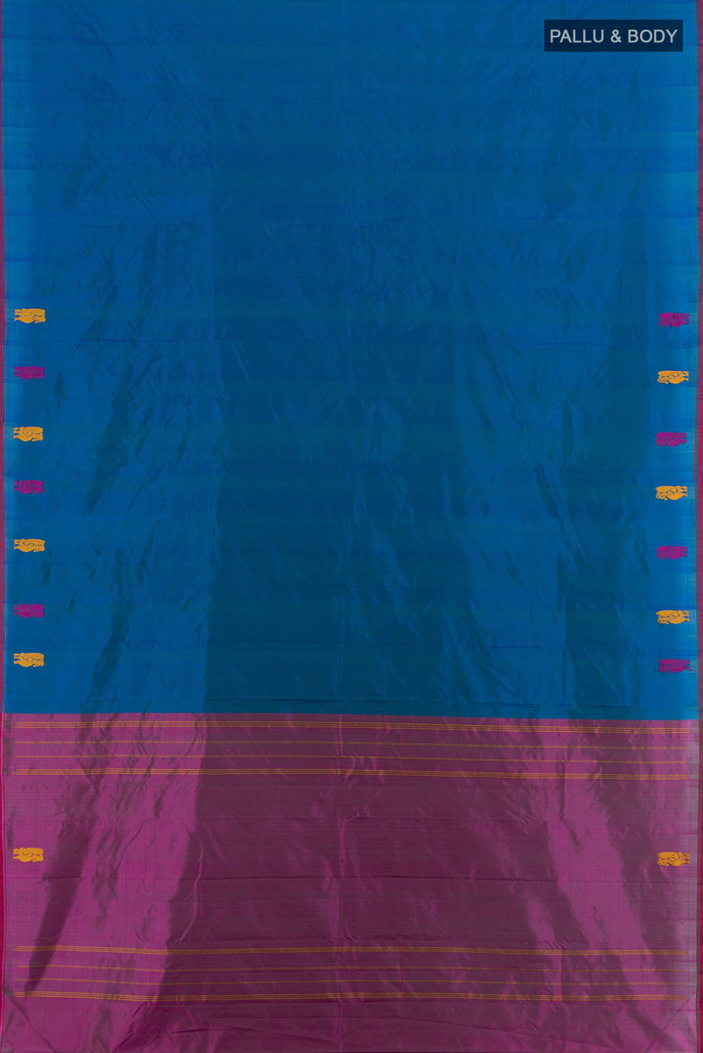 Flat view of Pure Silk Peacock Blue Kanchipuram Saree with Plain Body and Thread Border. 