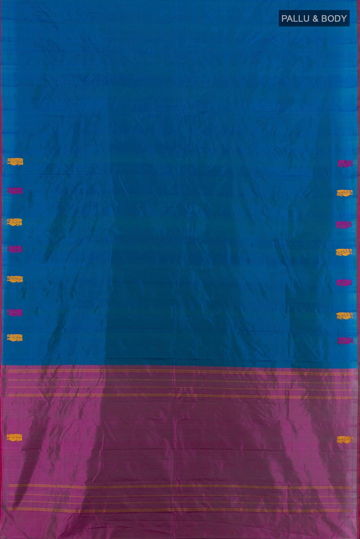Flat view of Pure Silk Peacock Blue Kanchipuram Saree with Plain Body and Thread Border. 