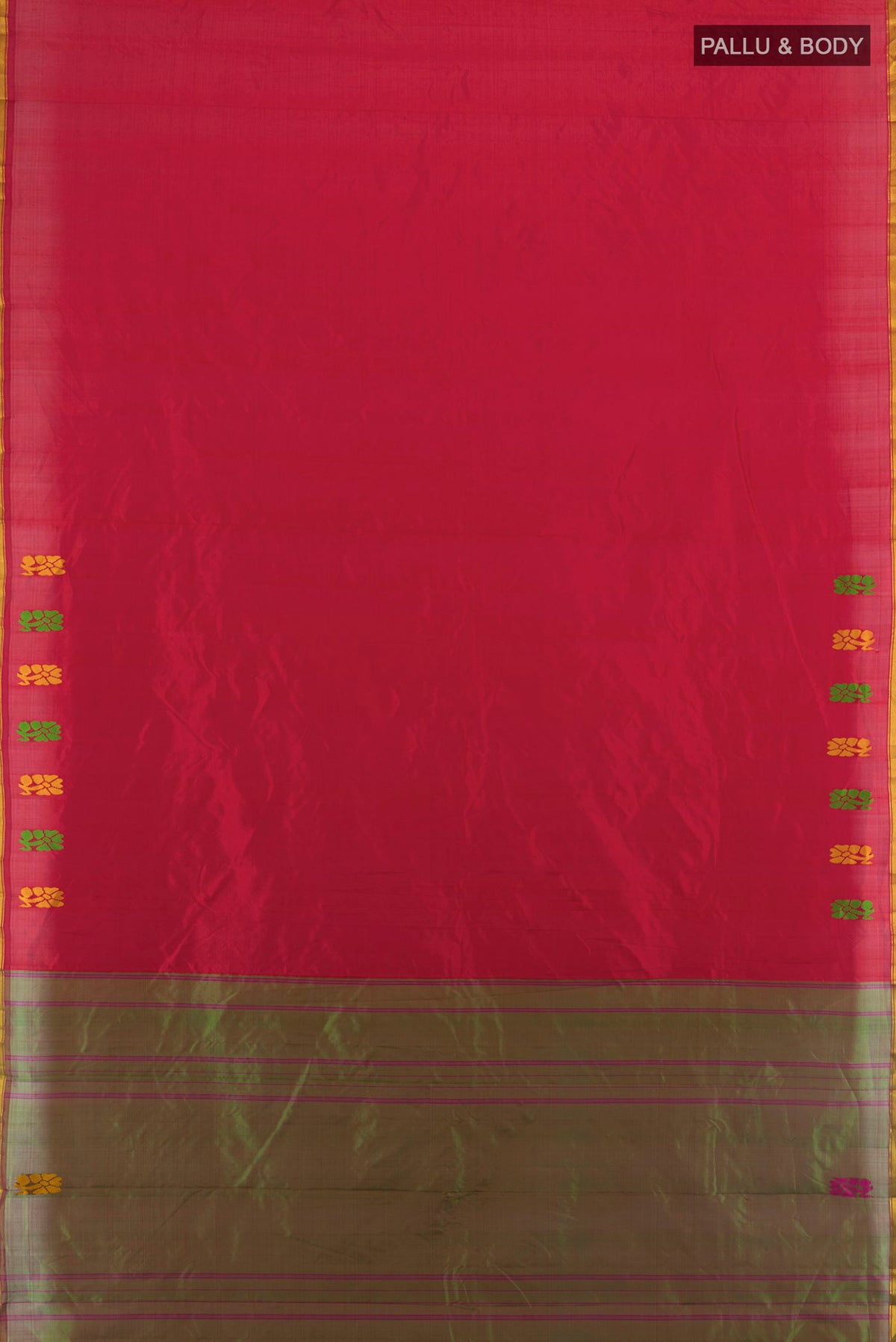 Flat view of Pure Silk Red Kanchipuram Saree with Plain Body and Thread Border. 