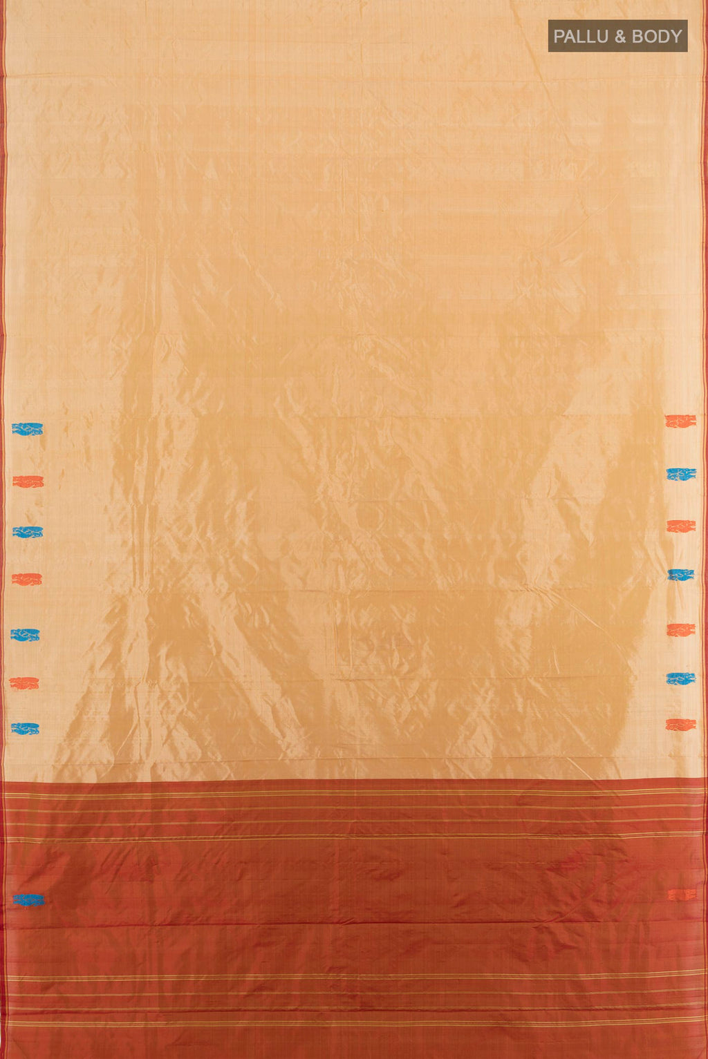 Flat view of Pure Silk Sandal Kanchipuram Saree with Plain Body and Thread Border. 