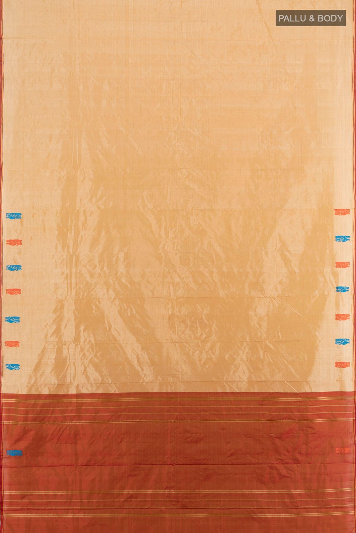 Flat view of Pure Silk Sandal Kanchipuram Saree with Plain Body and Thread Border. 