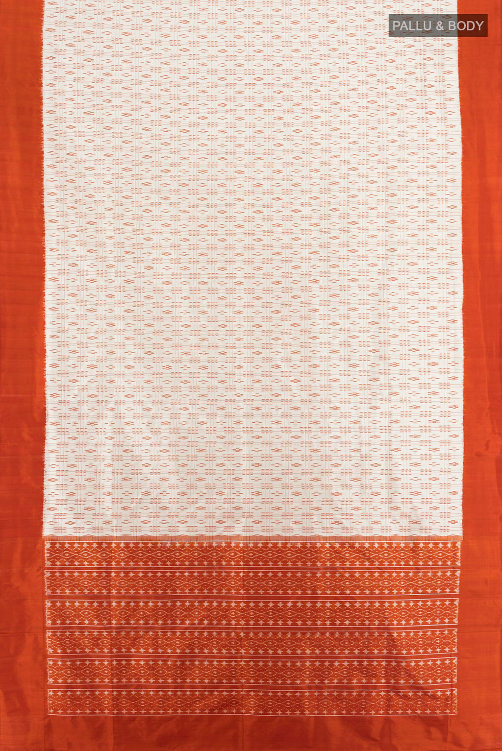 Flat view of Pure Silk Cream Pochampally Saree with Pure Ikat on the body and Plain Border. 
