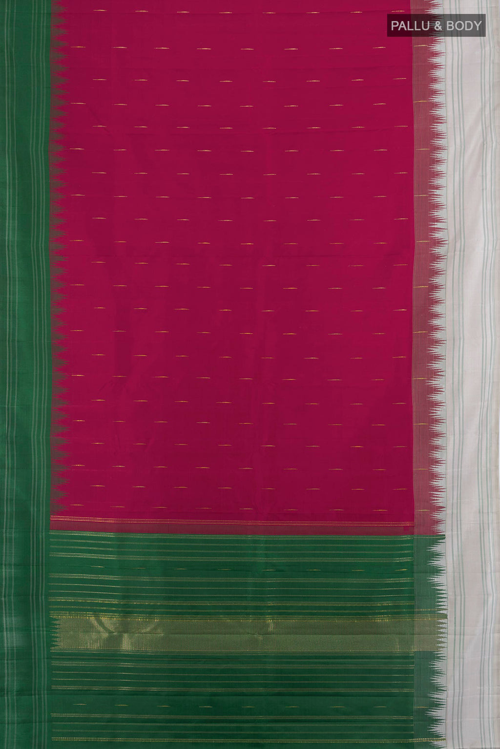 Flat view of Pure Silk Maroon Kanchipuram Saree with Thread Butta on the body and Temple Border. 