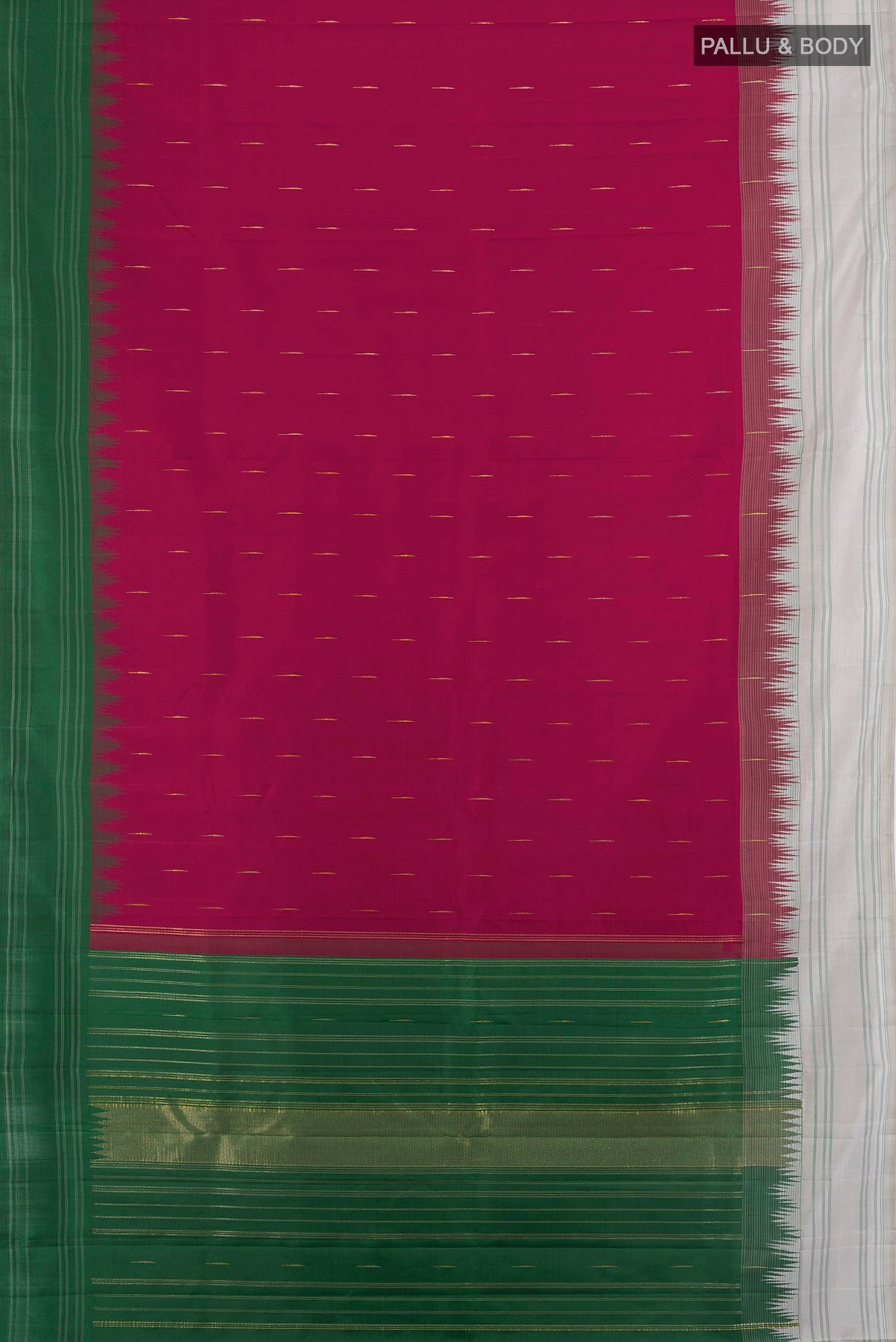 Flat view of Pure Silk Maroon Kanchipuram Saree with Thread Butta on the body and Temple Border. 