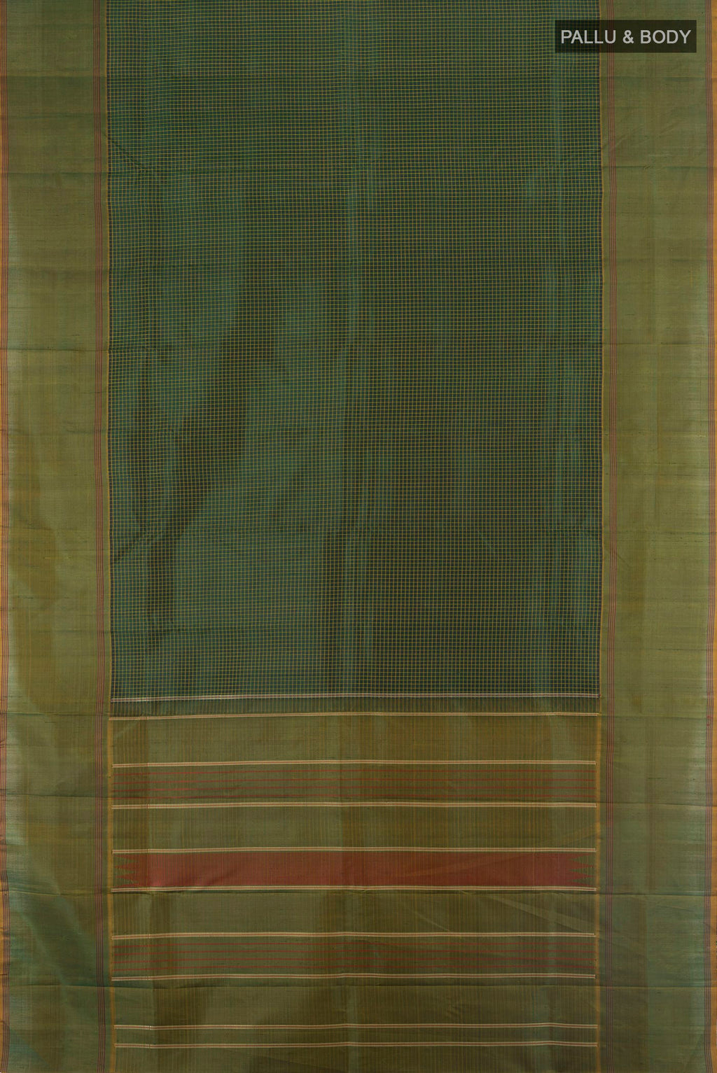 Flat view of Pure Silk Bottle Green Kanchipuram Saree with Checked design on the body and Plain Border. 