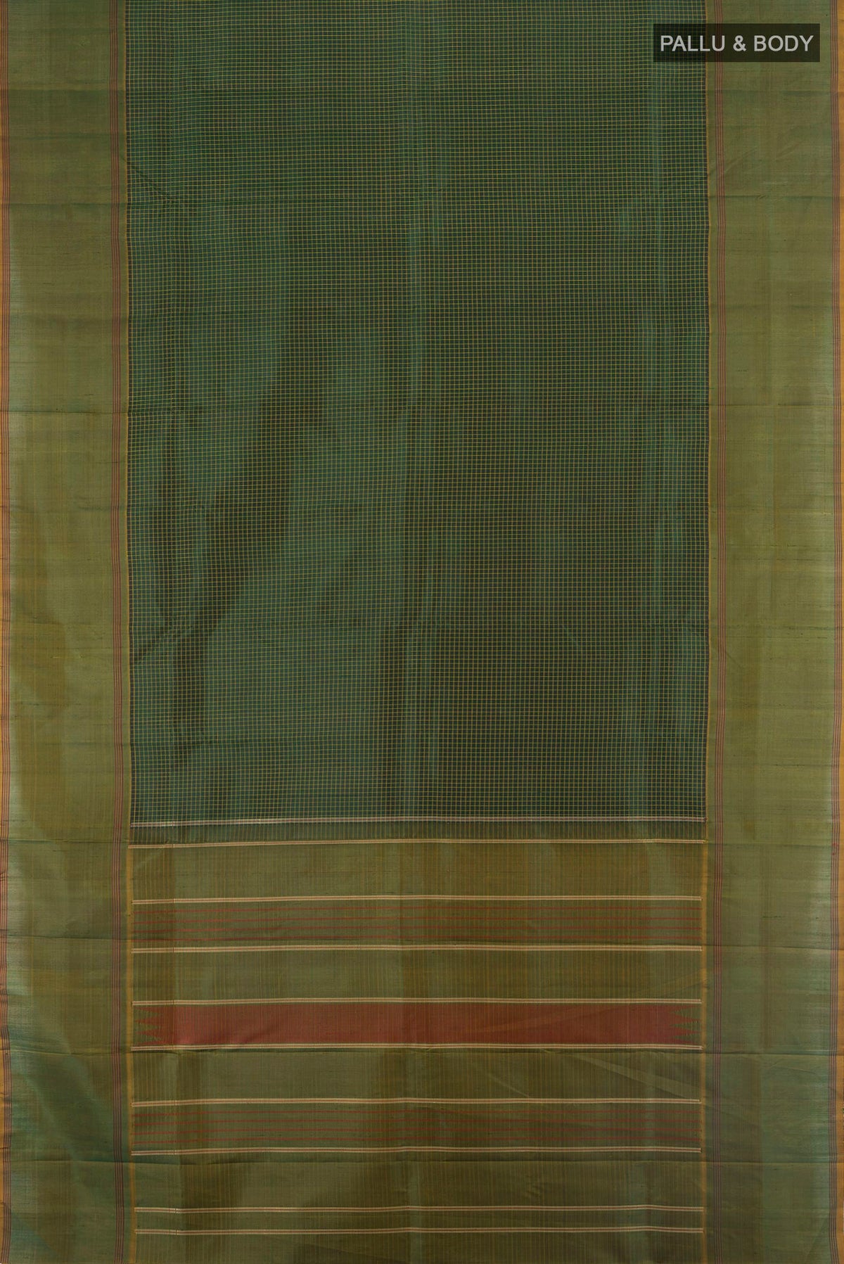 Flat view of Pure Silk Bottle Green Kanchipuram Saree with Checked design on the body and Plain Border. 