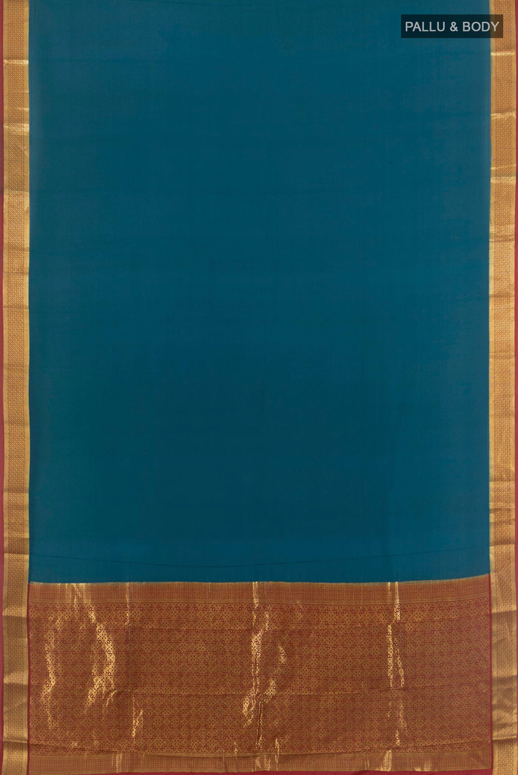 Flat view of Teal Mysore Crepe Saree with Plain Body and Zari Border. 
