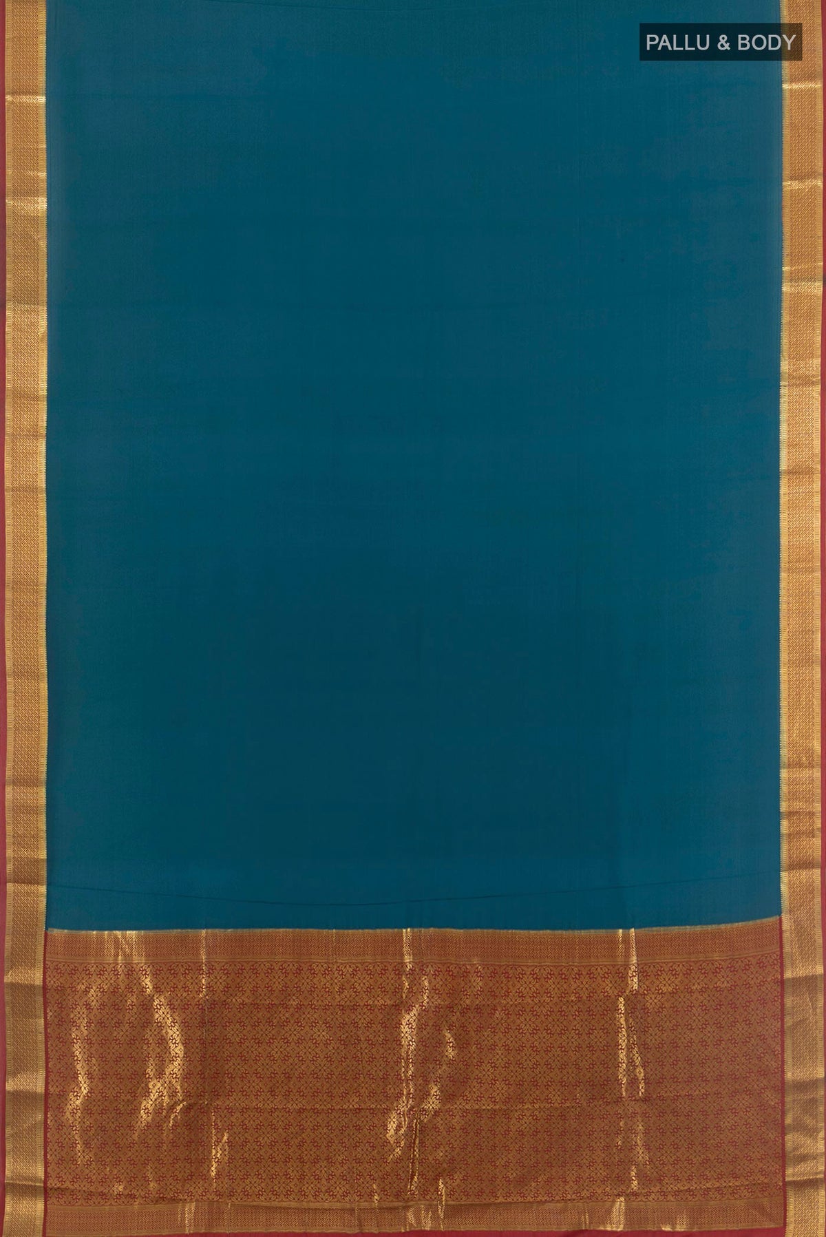 Flat view of Teal Mysore Crepe Saree with Plain Body and Zari Border. 