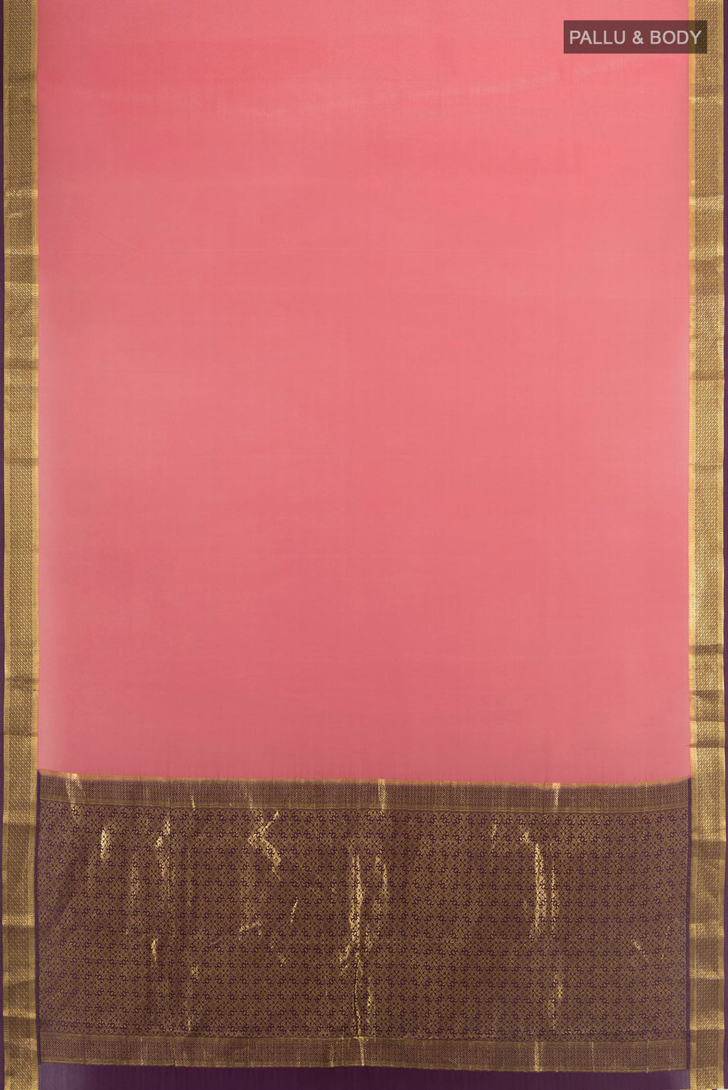 Flat view of Pink Mysore Crepe Saree with Plain Body and Zari Border. 