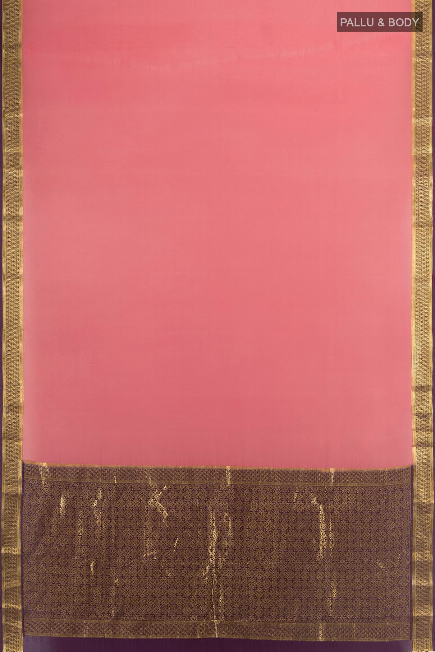 Flat view of Pink Mysore Crepe Saree with Plain Body and Zari Border. 