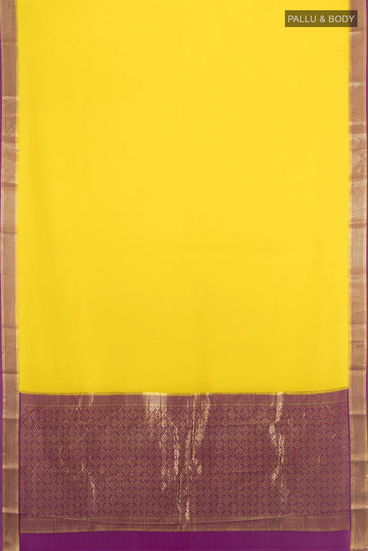 Flat view of Yellow Mysore Crepe Saree with Plain Body and Zari Border. 