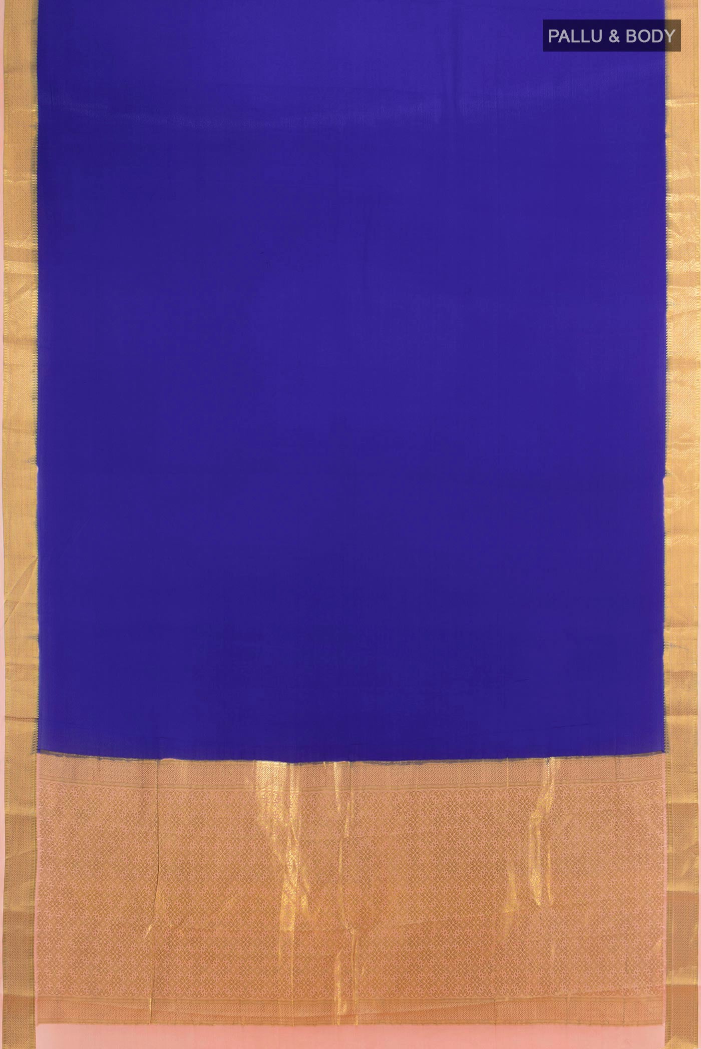 Flat view of Royal Blue Mysore Crepe Saree with Plain Body and Zari Border. 