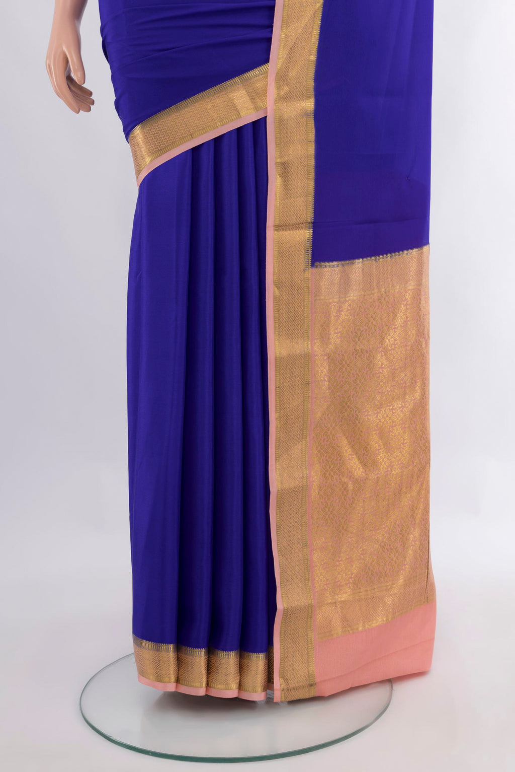 Pleats and pallu of Royal Blue Mysore Crepe Saree with Plain Body and Zari Border. 