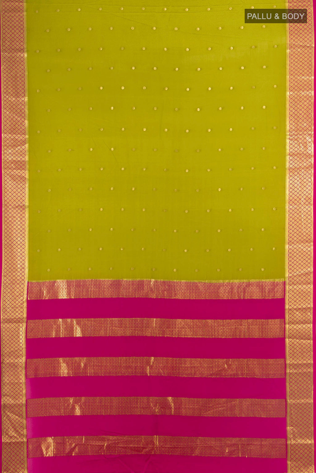 Flat view of Mehandi Green Mysore Crepe Saree with Zari Butta on the body and Zari Border. 