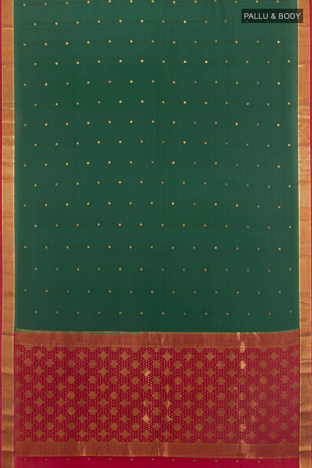 Flat view of Green Mysore Crepe Saree with Zari Butta on the body and Zari Border. 