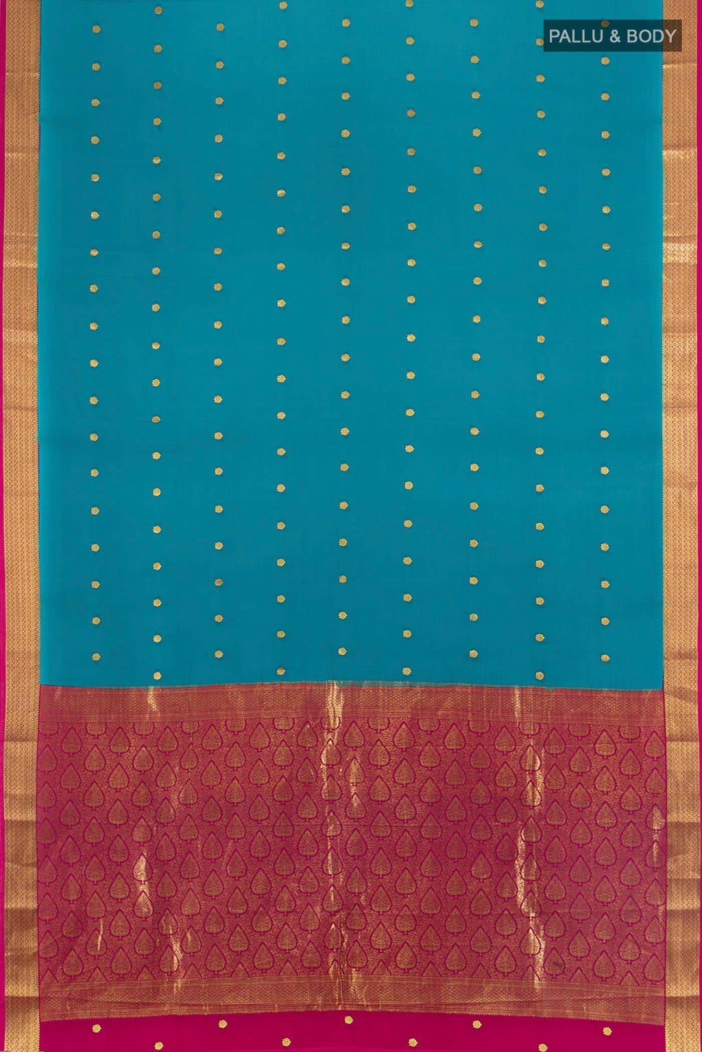Flat view of Light Blue Mysore Crepe Saree with Zari Butta on the body and Zari Border. 