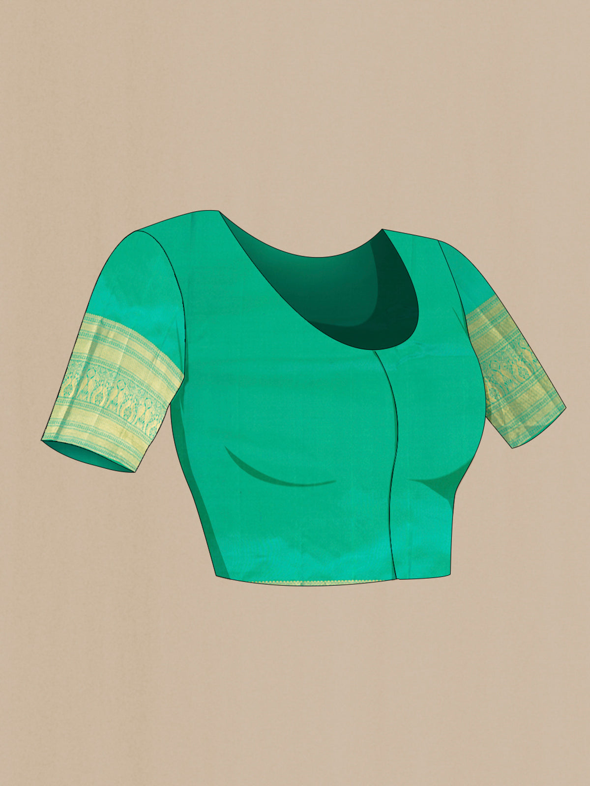 Close up image of the blouse of Pure Silk Turquoise Kanchipuram Saree with Zari Brocade on the body and Zari Border. 