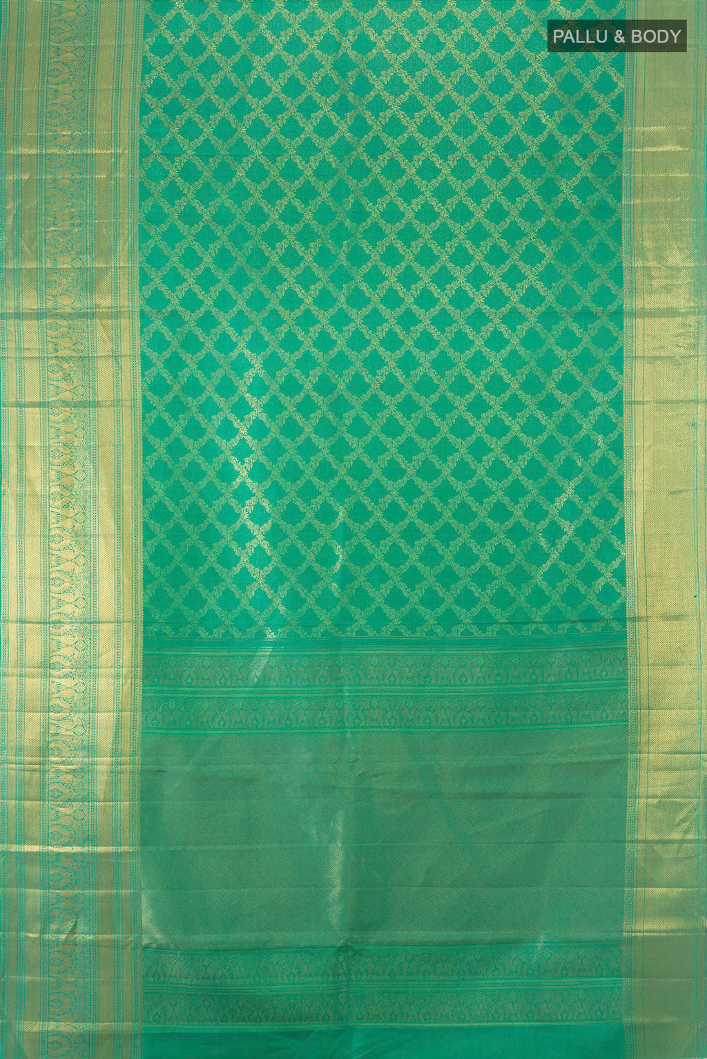 Flat view of Pure Silk Turquoise Kanchipuram Saree with Zari Brocade on the body and Zari Border. 