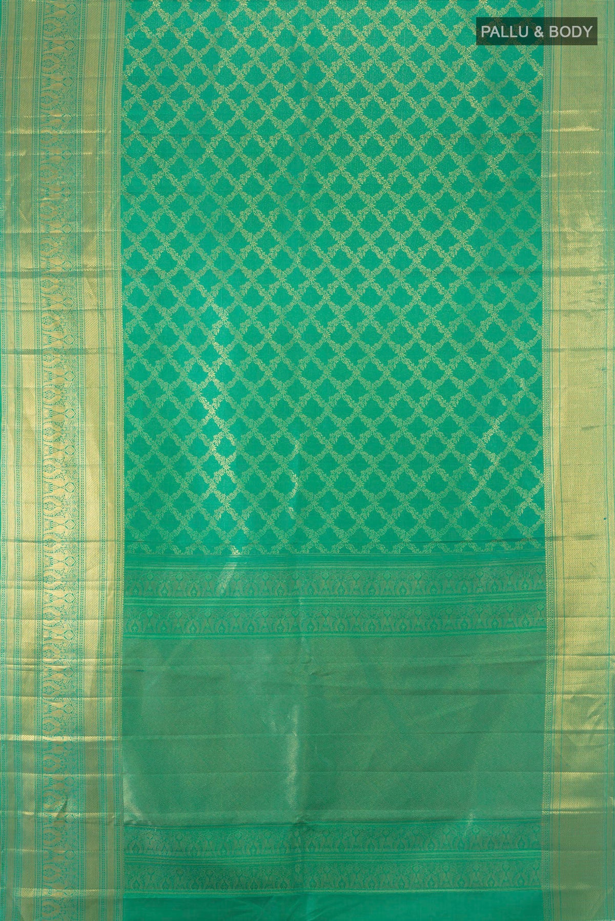 Flat view of Pure Silk Turquoise Kanchipuram Saree with Zari Brocade on the body and Zari Border. 
