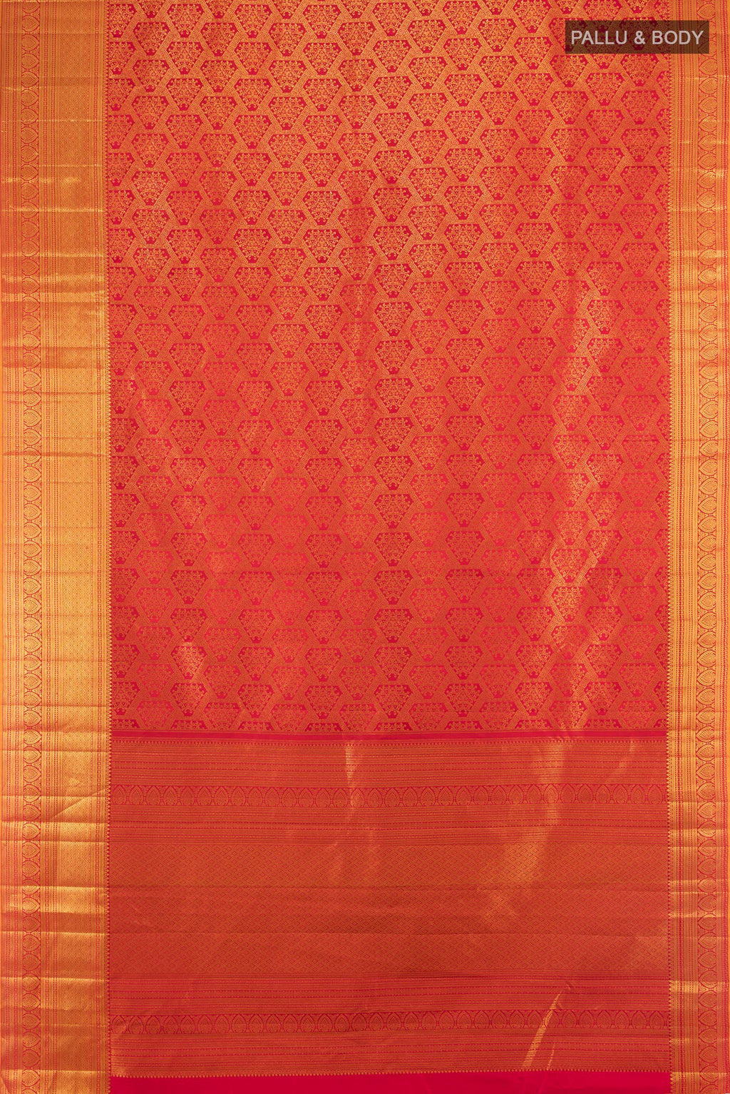 Flat view of Red Kanchipuram Silk Saree with Zari Brocade on the body and Zari Border. 