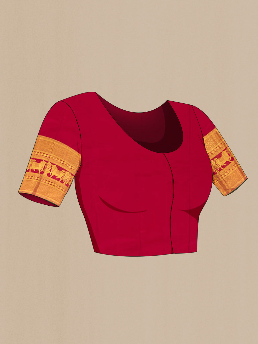 Close up image of the blouse of Pure Silk Maroon Kanchipuram Saree with Zari Butta on the body and Zari Border. 