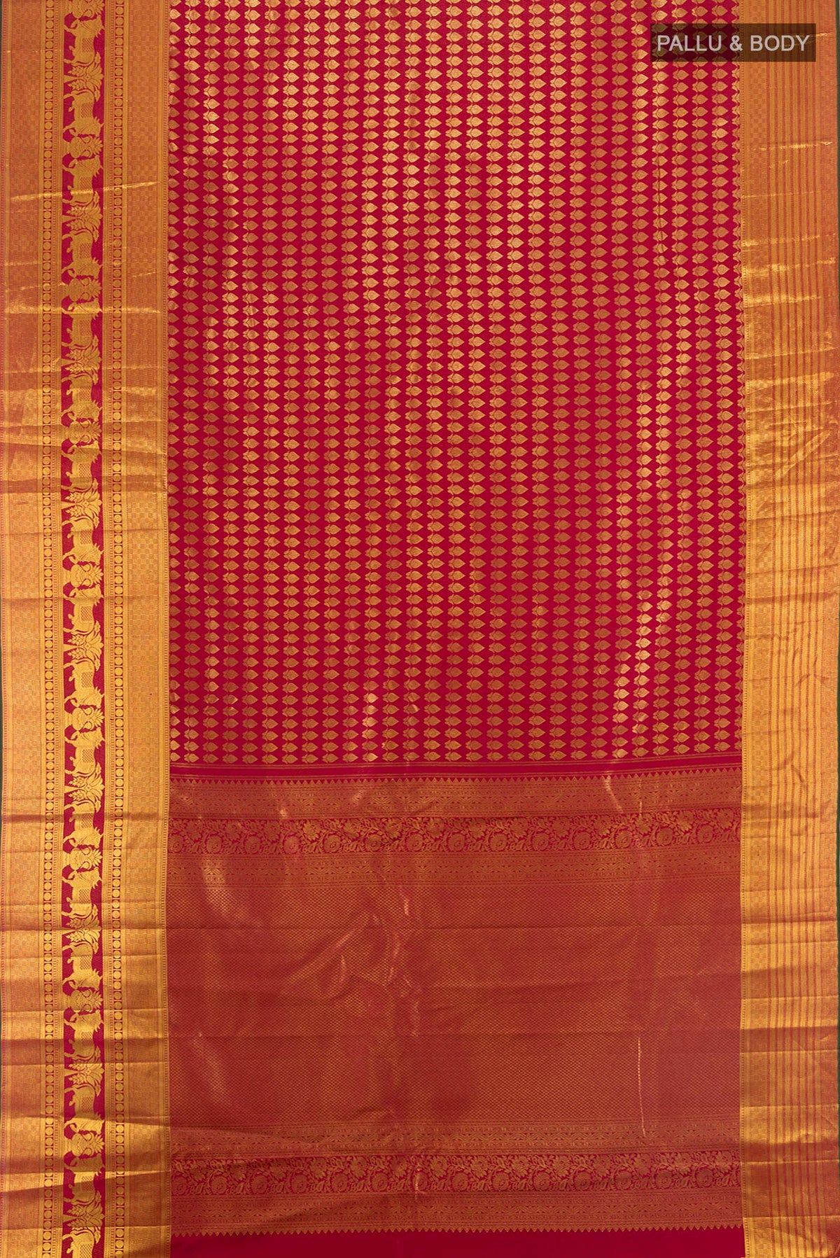Flat view of Pure Silk Maroon Kanchipuram Saree with Zari Butta on the body and Zari Border. 