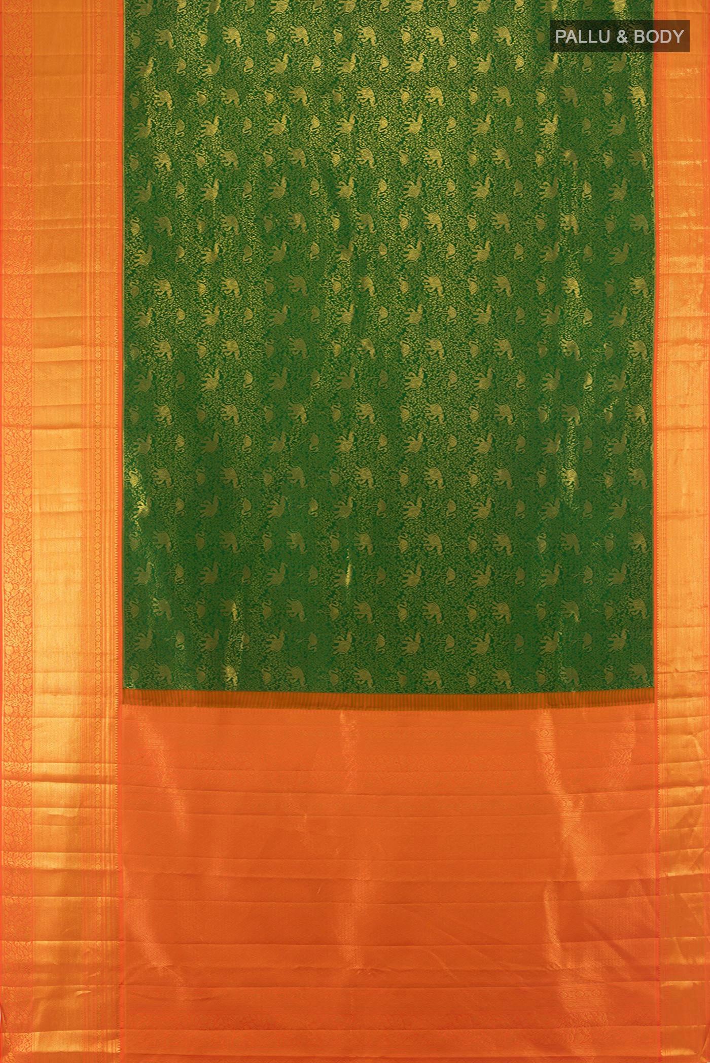 Flat view of Green Kanjivaram Silk Saree with Zari Brocade on the body and Zari Border. 