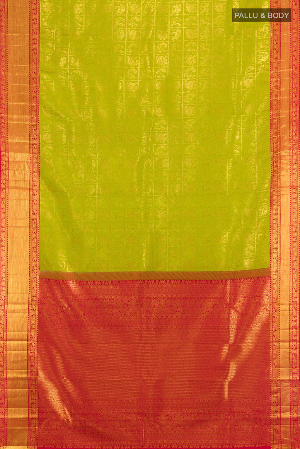 Flat view of Pure Silk Green Kanjivaram Saree with Zari Brocade on the body and Zari Border. 
