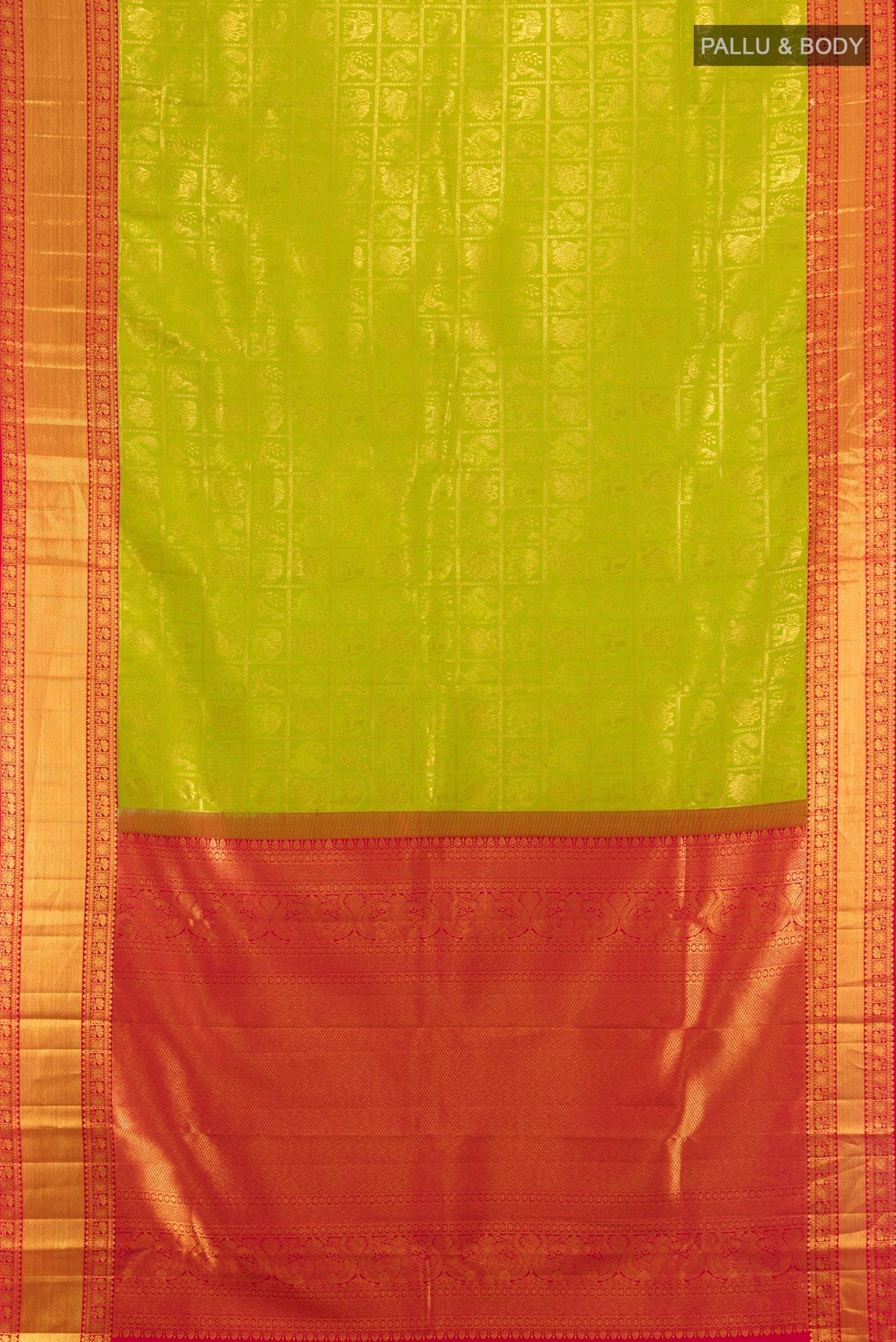 Flat view of Pure Silk Green Kanjivaram Saree with Zari Brocade on the body and Zari Border. 