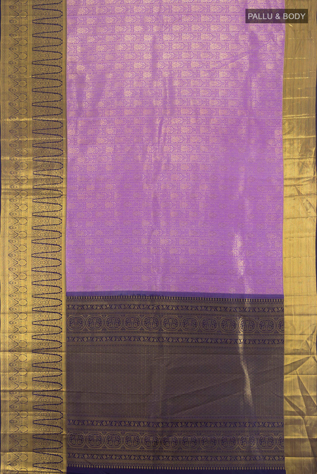 Flat view of Pure Silk Lavender Kanjivaram Saree with Zari Brocade on the body and Zari Border. 