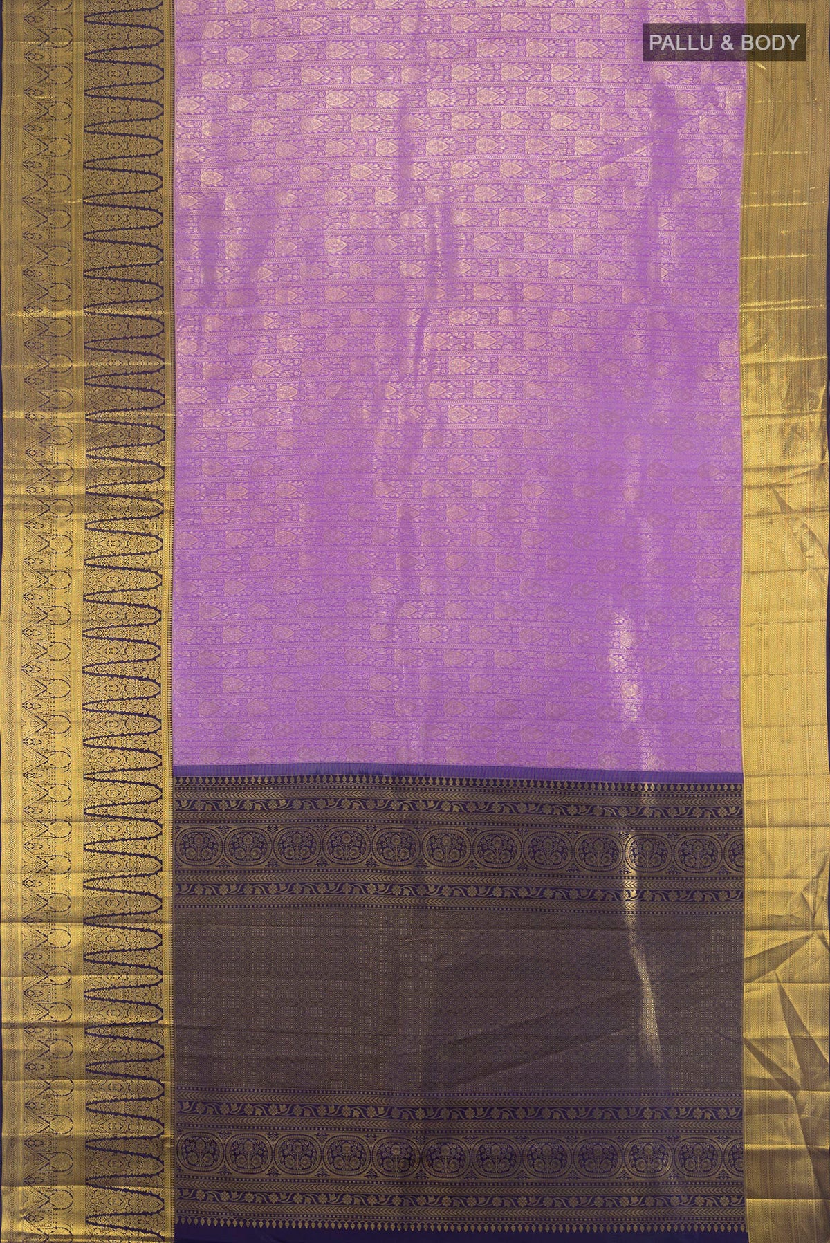 Flat view of Pure Silk Lavender Kanjivaram Saree with Zari Brocade on the body and Zari Border. 