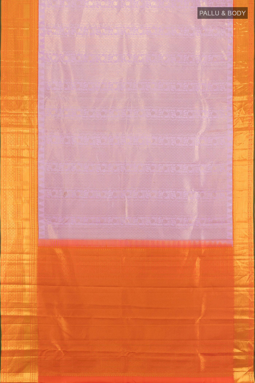 Flat view of Pure Silk Lavender Kanjivaram Saree with Zari Brocade on the body and Zari Border. 