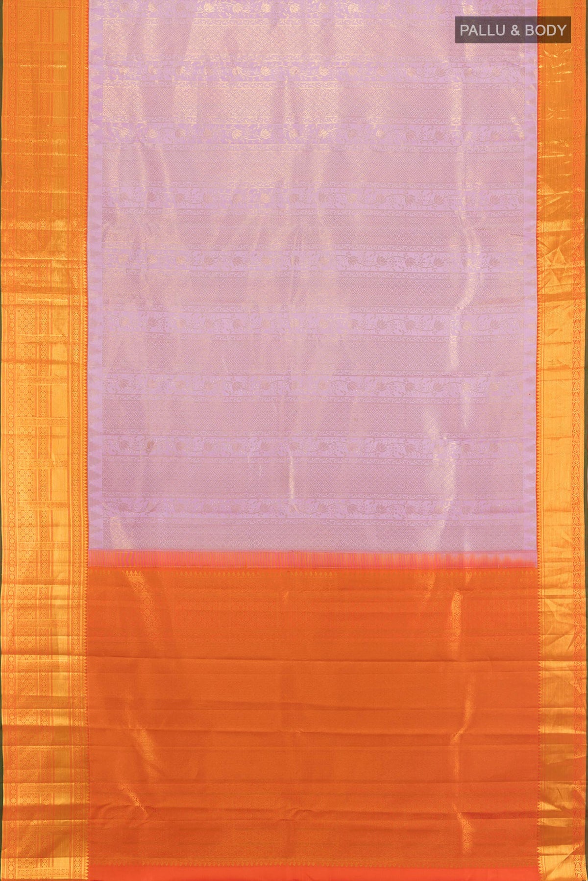 Flat view of Pure Silk Lavender Kanjivaram Saree with Zari Brocade on the body and Zari Border. 