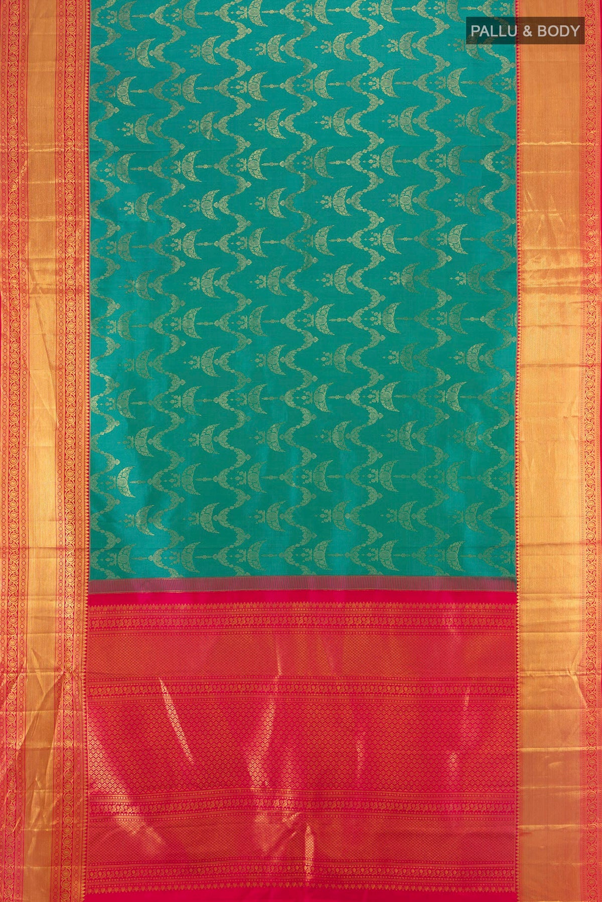 Flat view of Pure Silk Peacock Blue Kanjivaram Saree with Zari Brocade on the body and Zari Border. 