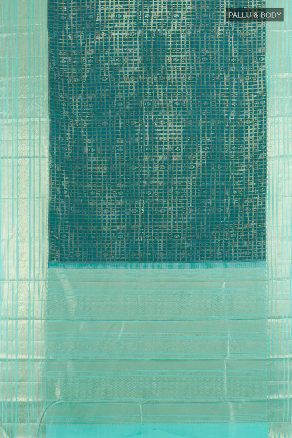 Flat view of Pure Silk Peacock Blue Kanjivaram Saree with Checked design on the body and Zari Border. 
