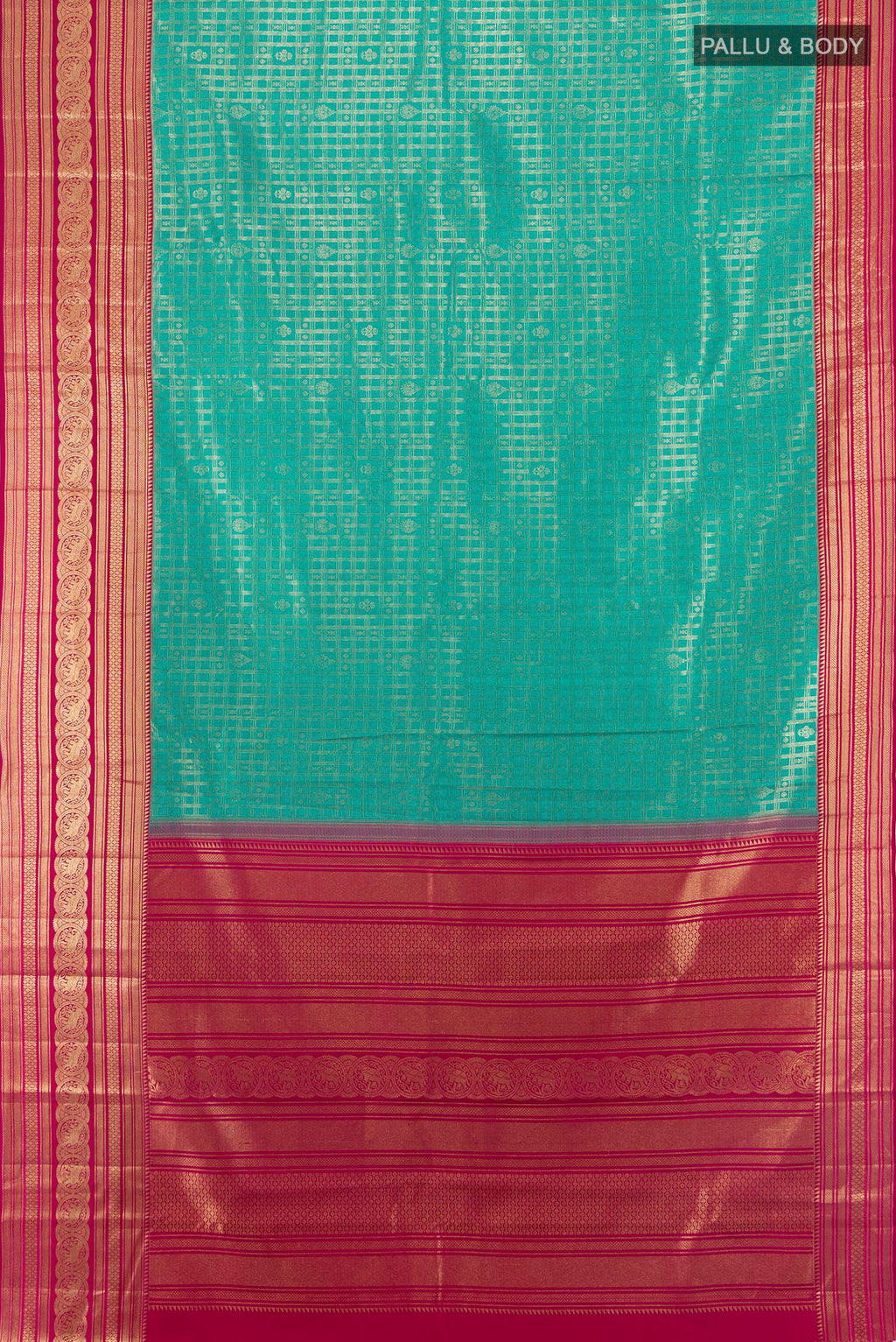 Flat view of Pure Silk Sea Green Kanjivaram Saree with Zari Brocade on the body and Zari Border. 