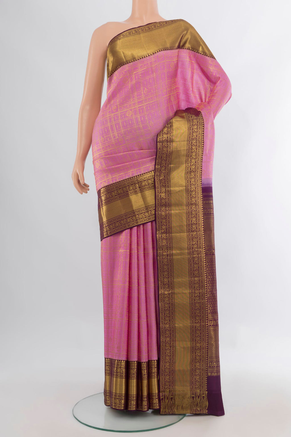 Pure Silk Rose pink Uppada Saree with Zari Brocade on the body and Zari Border.  displayed on a mannequin