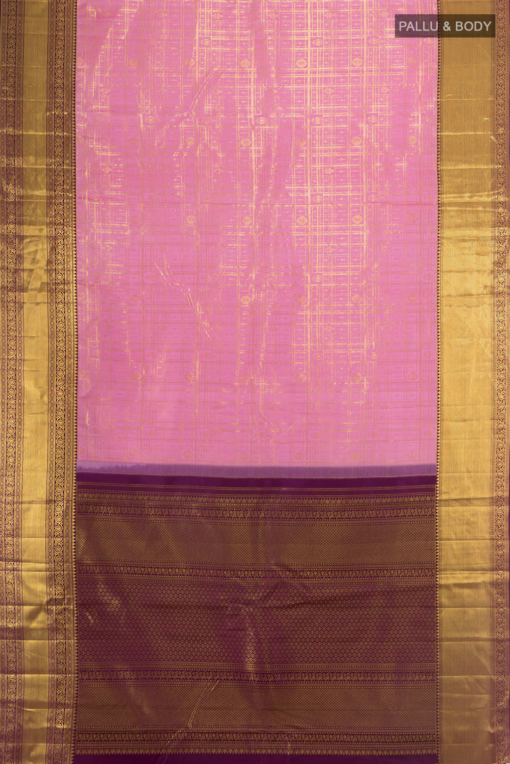 Flat view of Pure Silk Rose pink Uppada Saree with Zari Brocade on the body and Zari Border. 