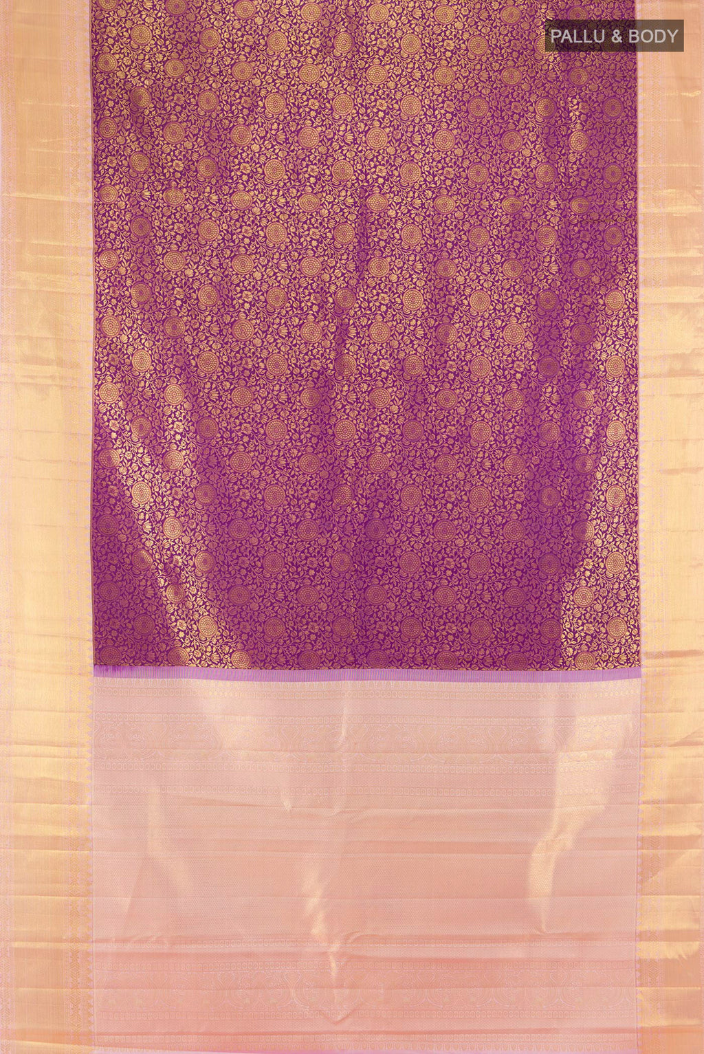Flat view of Purple Kanjivaram Silk Saree with Zari Brocade on the body and Zari Border. 