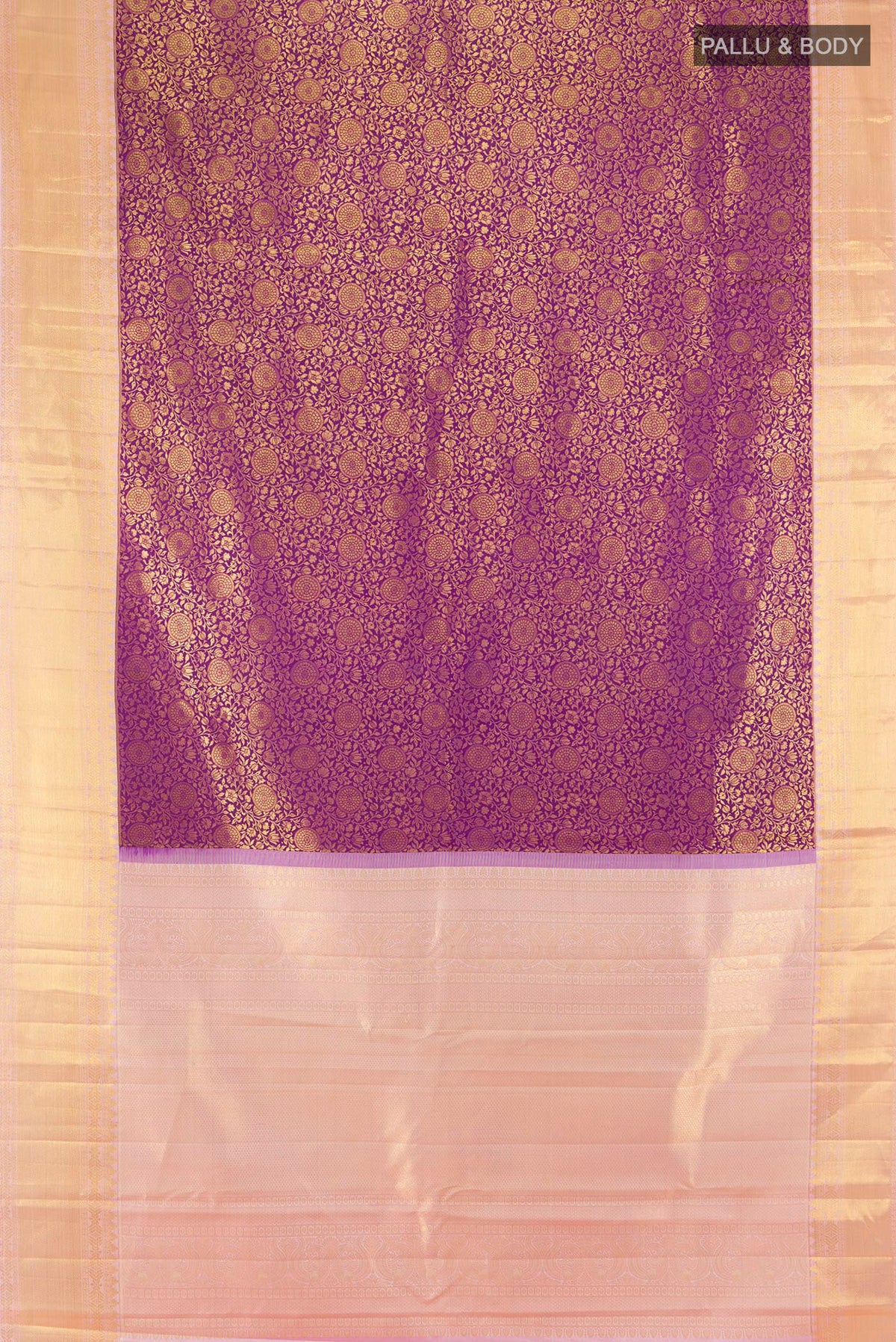Flat view of Purple Kanjivaram Silk Saree with Zari Brocade on the body and Zari Border. 