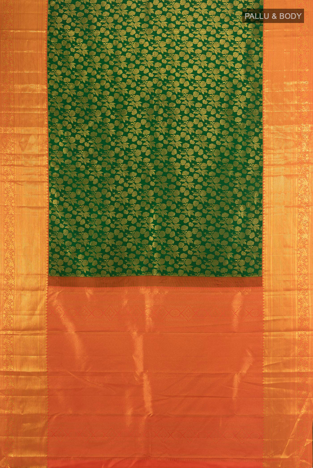 Flat view of Pure Silk Green Kanjivaram Saree with Zari Brocade on the body and Zari Border. 